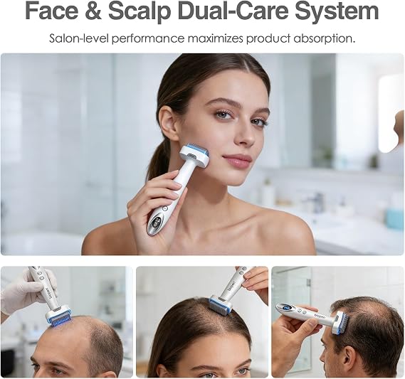 Derma Stamp 140 Pins, Microneedling + EMS + Vibration + Light Care, Microneedling Stamp with 2 Replaceable Heads (0.5mm) for Women & Men Facial Care/Beard/Hair Growth(bio 6, Silver White)