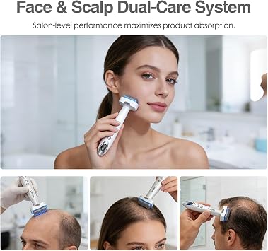 Derma Stamp 140 Pins, Microneedling + EMS + Vibration + Light Care, Microneedling Stamp with 2 Replaceable Heads (0.5mm) for Women & Men Facial Care/Beard/Hair Growth(bio 6, Silver White)