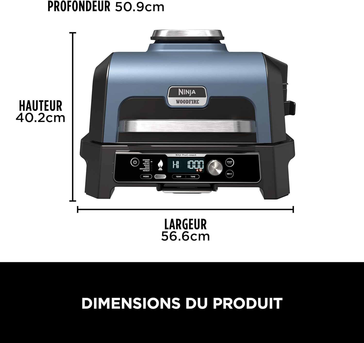 Diagram showing the dimensions of the Ninja Woodfire Pro Connect XL: Depth 50.9cm, Height 40.2cm, Width 56.6cm.