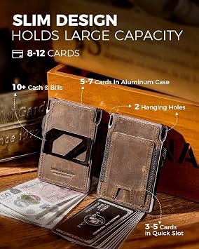 LORZOR Slim Tactical Wallet for Men- Minimalist Front Pocket Full Grain Leather Wallet for 10 Cards, RFID Blocking Aluminum Cardholder, Smart Pop Up Card Case, Money Clip, Gift Boxed