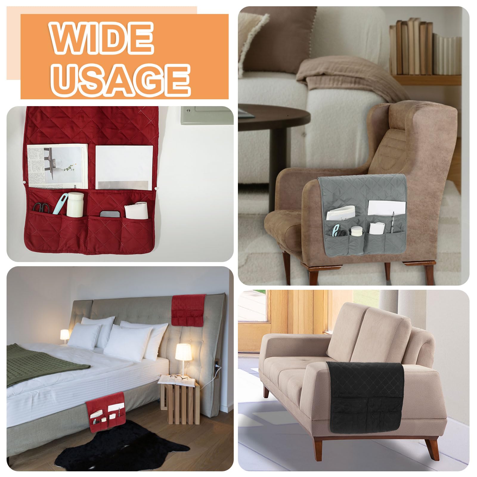 QUARKZMAN Armlehnen-Organizer für Couch, Sofa, rutschfest, für Sessel, Armlehne, Liege, Fernbedienung, Organizer mit 6 Taschen für Bücher, Zeitschriften, Tablet, Telefon, kariert, weiß