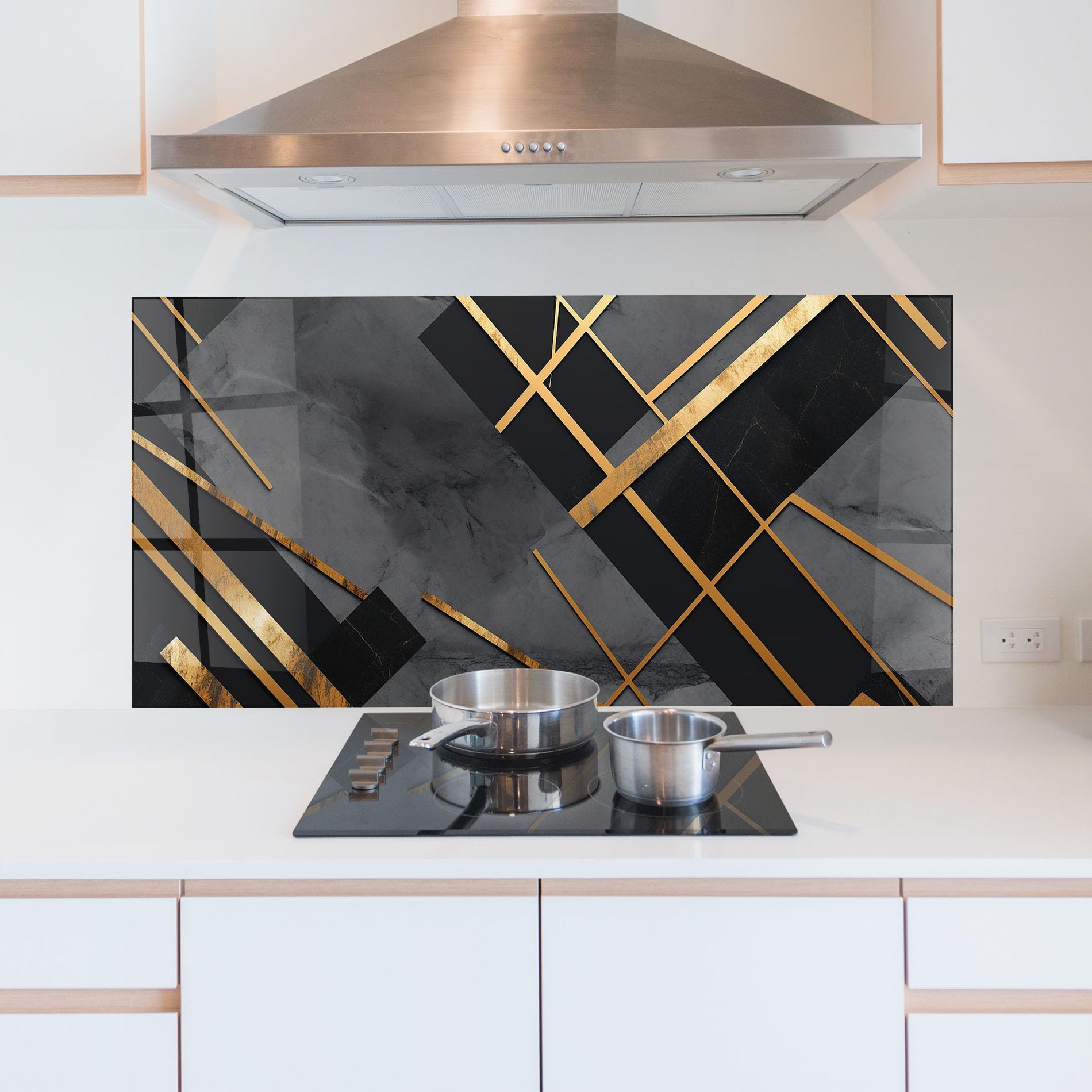ARTHUB® Crédence de Cuisine en Verre 60x120 cm, Grey Painting with Gold Lines | Protection Contre Les éclaboussures, Revêtement Mural en Carreaux, Plaque en Verre, Verre trempé, Abstrait