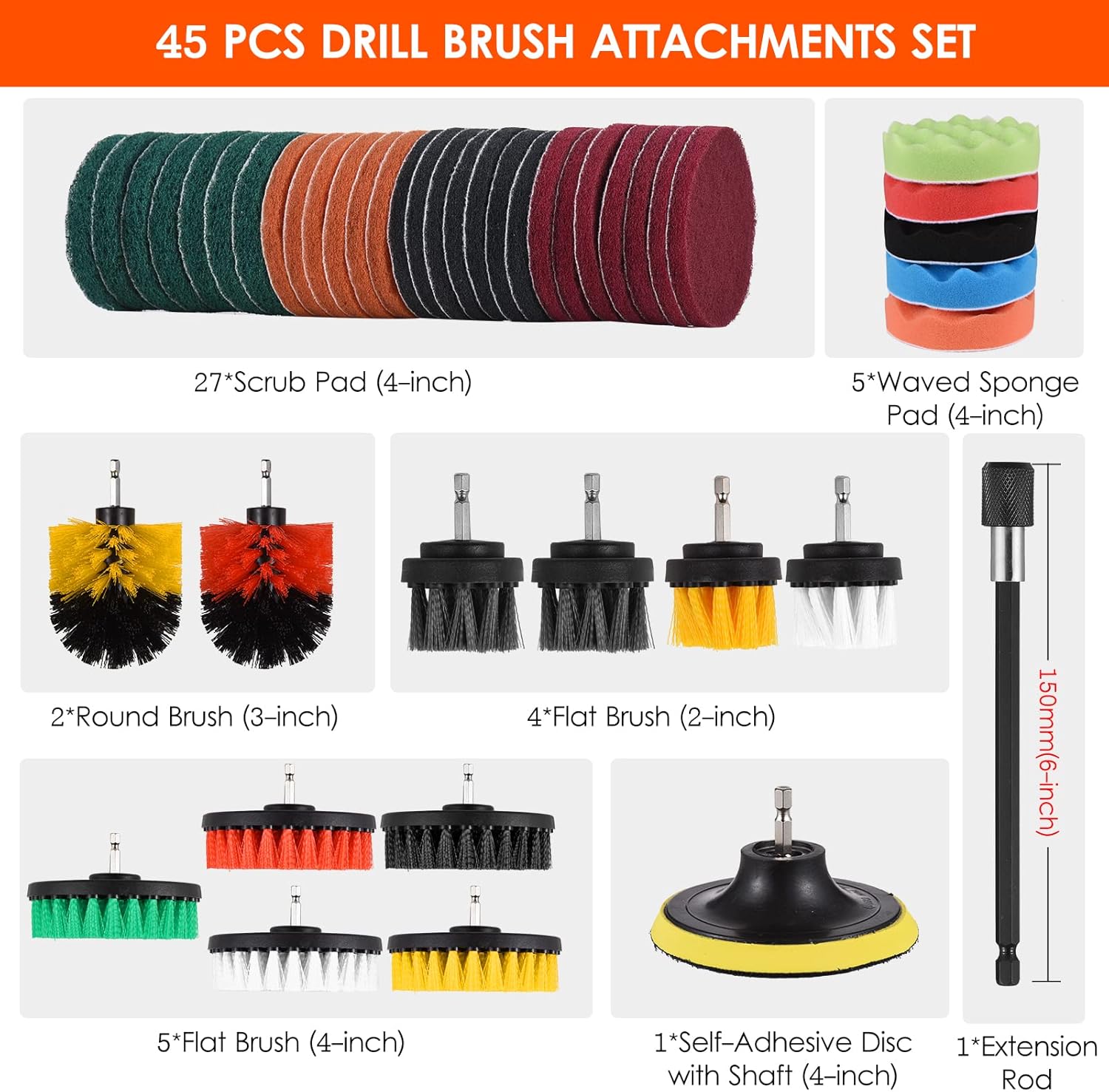 Irfora 45 PCS Drill Brush Attachments Set Includes Scrub Pads Sponge Pads Different-Sized Brushes Power Scrubber Brushes with Versatile for Household Bathroom Kitchen Tub Sink Floor