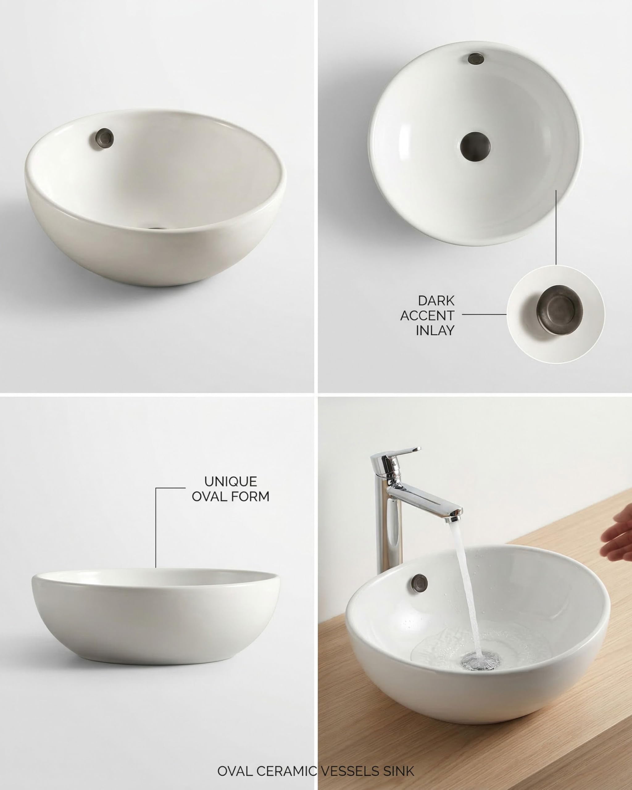 DocciaSì® - Lavabo da Appoggio in Ceramica Bianca Rotondo 43,5x16 cm, Lavandino Bagno da Appoggio Moderno per Mobile o Piano d’Appoggio, Design Minimal e Superficie Lucida Facile da Pulire