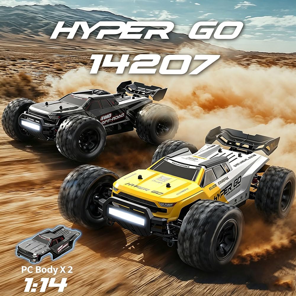 MJX 14207 1/14 zdalnie sterowany samochód dla dorosłych, 55 km/h, samochód wyścigowy z dużą prędkością, 4WD bezszczotkowy silnik Off Road Race Buggy, 3 baterie, żółty, z podwójną obudową
