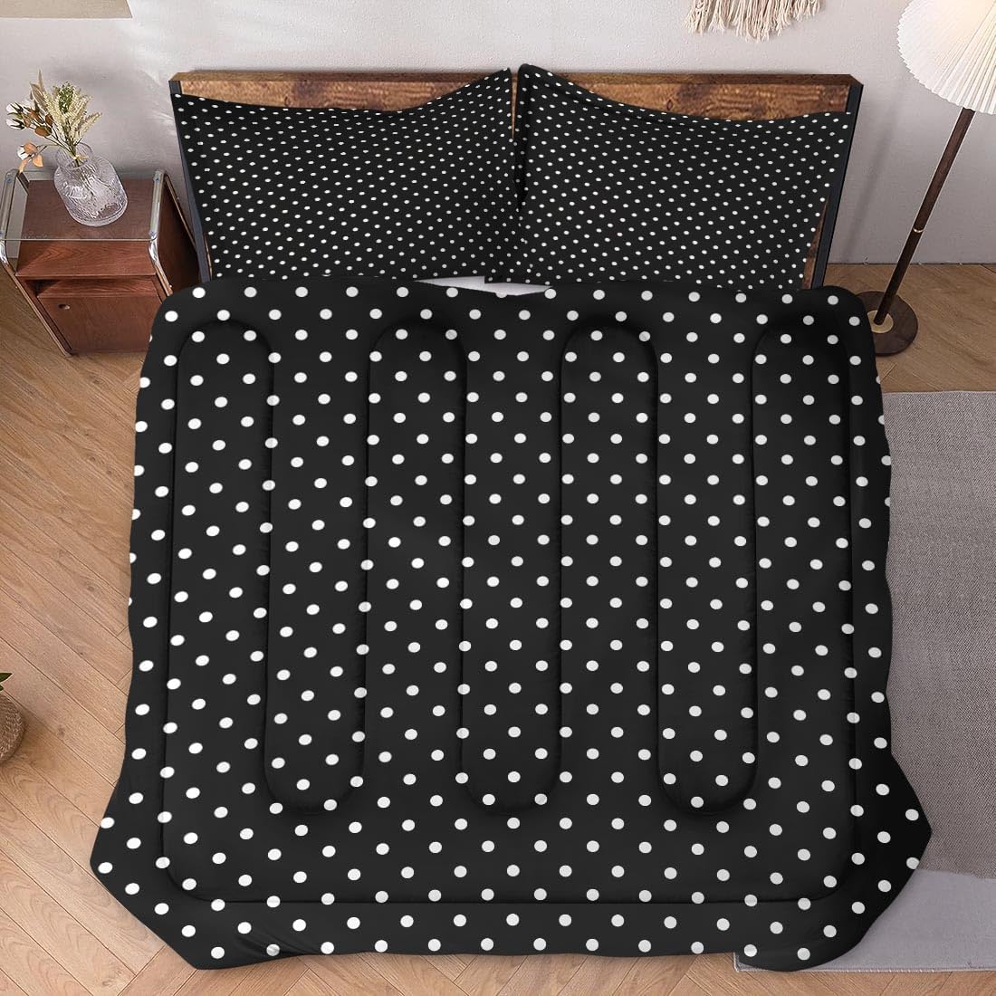 Comforter Set with 2 Pillowcases Full Size, Black White Mini Polka Dots, Bed Decor Vintage Boho Circle Geometric for Kids and Adults, Soft Cozy Bedroom Bedding Set
