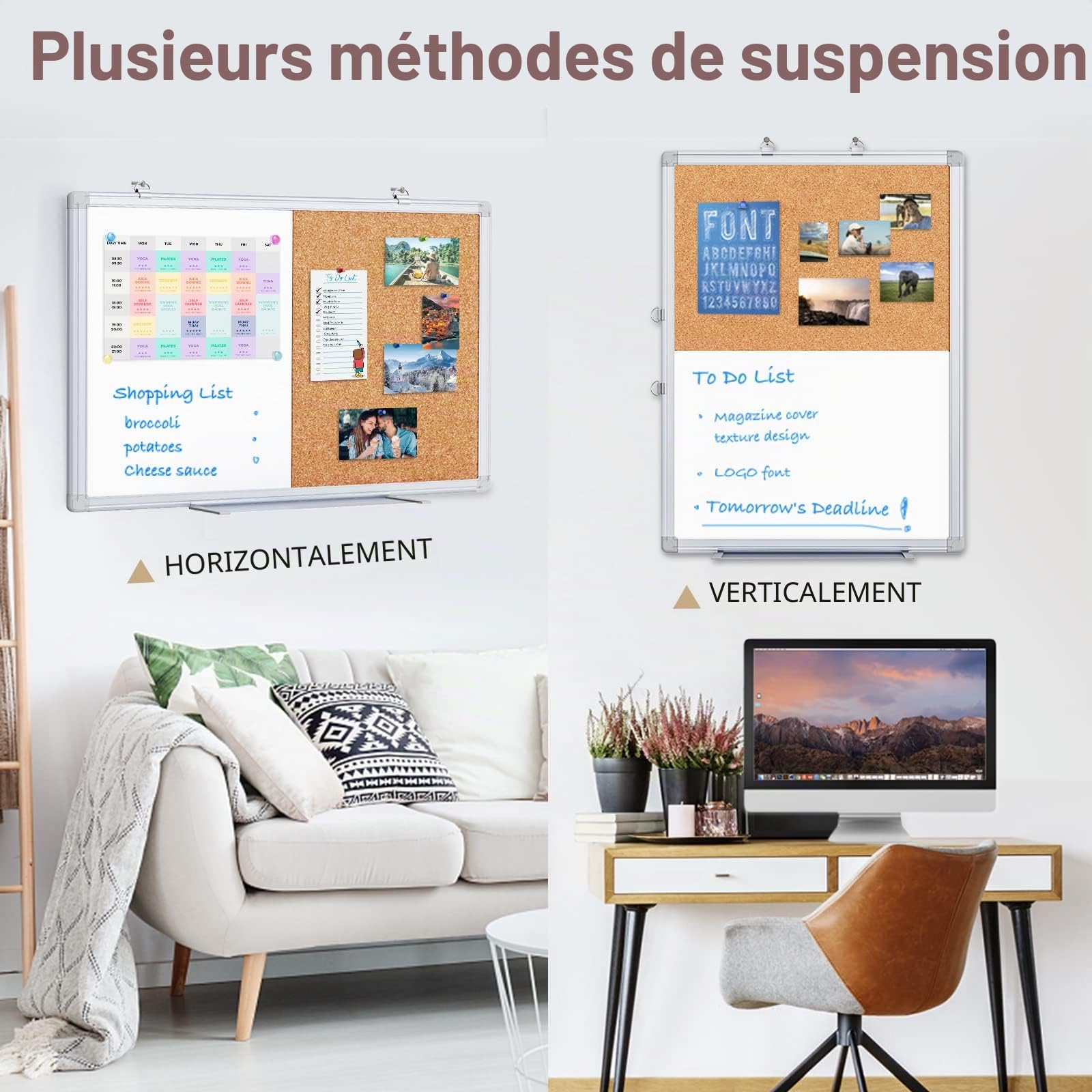 maxtek Tableau Blanc avec Liège 60 x 45 cm, Tableau Mixte Effacable Magnetique avec Cadre en Aluminium, Tableau d'affichage en Liège le Bureau, la Salle de Classe