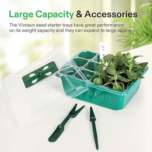 Miniatura 7 de VIVOSUN Paquete de 12 bandejas de inicio de semillas, kit de inicio de semillas de 144 celdas con cúpula de humedad, bandejas planas reutilizables