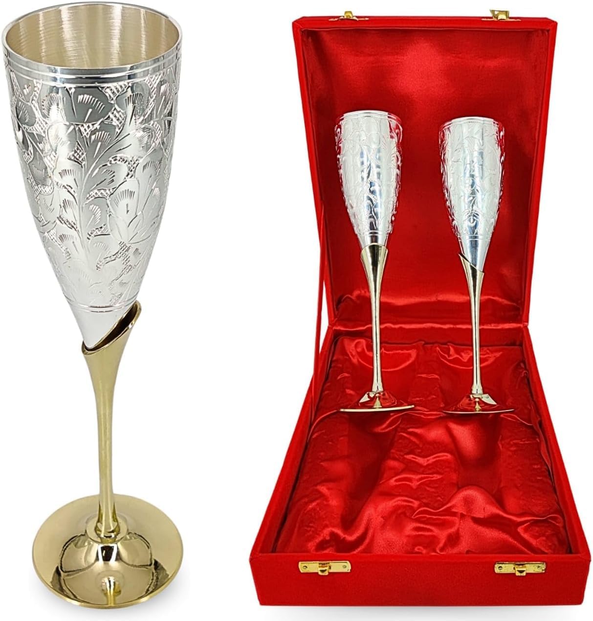 Set of 2 Silver Plated Brass Wine Goblets With Velvet Box - 9.5" Brass Chalice Wine Goblets - Engraved brass Goblet Champagne Toasting Flutes - Renaissance-Style Champagne & Liqueur Glasses