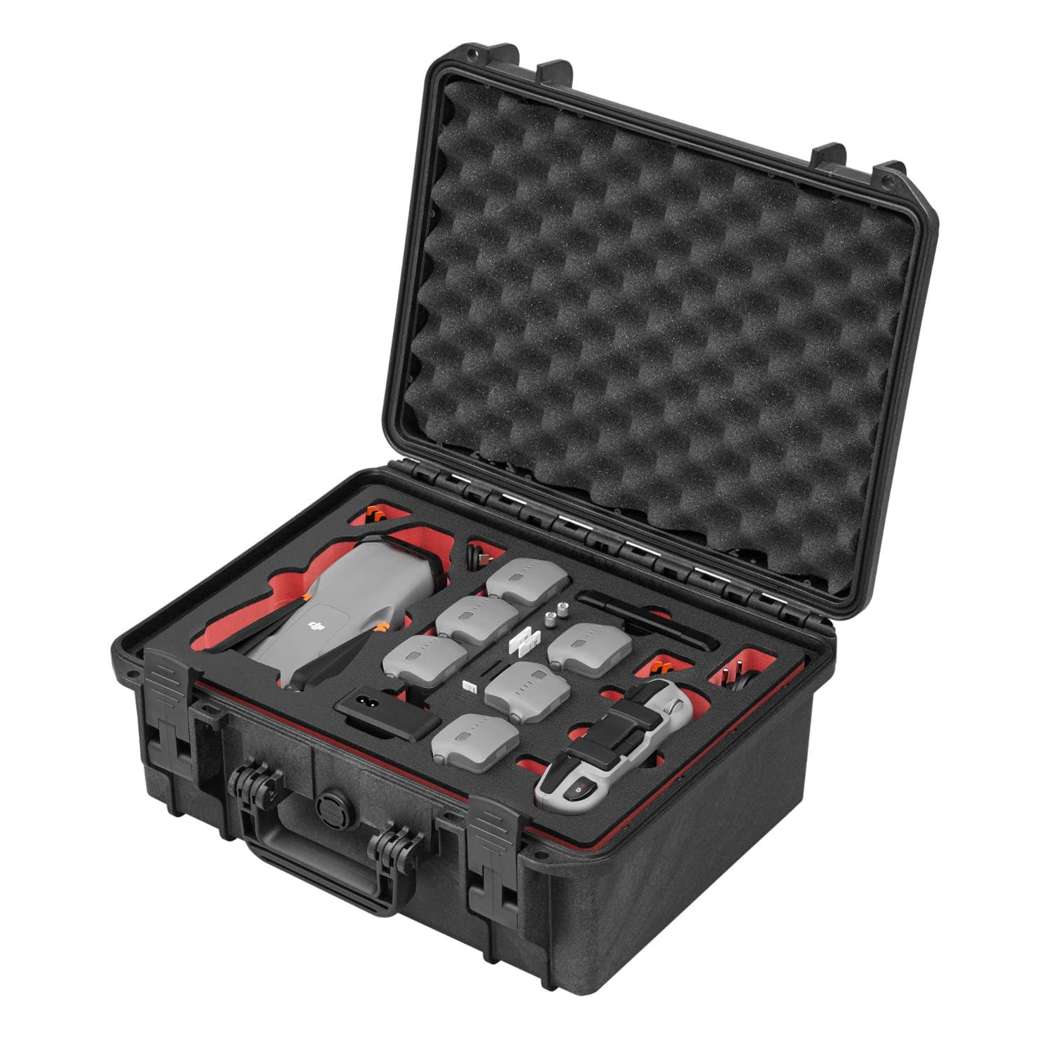 TOMcase Drohnenkoffer „Travel Edition” für DJI Air 3S Fly More Combo, Standard oder DJI RC 2 Controller, Akkus Laden im Koffer, wasserdicht Outdoor Case - deutsches Produkt (Schwarz/Rot-Schwarz)