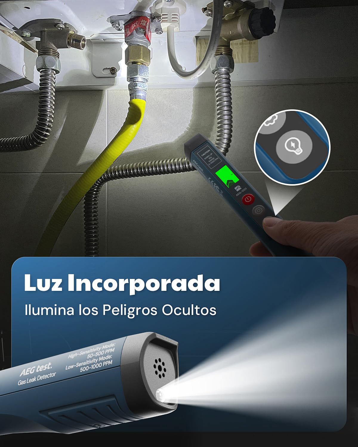 1223 Detector de Fugas de Gas con Alarma Visual y Sonora, Luz Incorporada, Detector de Gas Natural para Localizar Fugas de Gases Combustibles como Metano, Propano para el Hogar