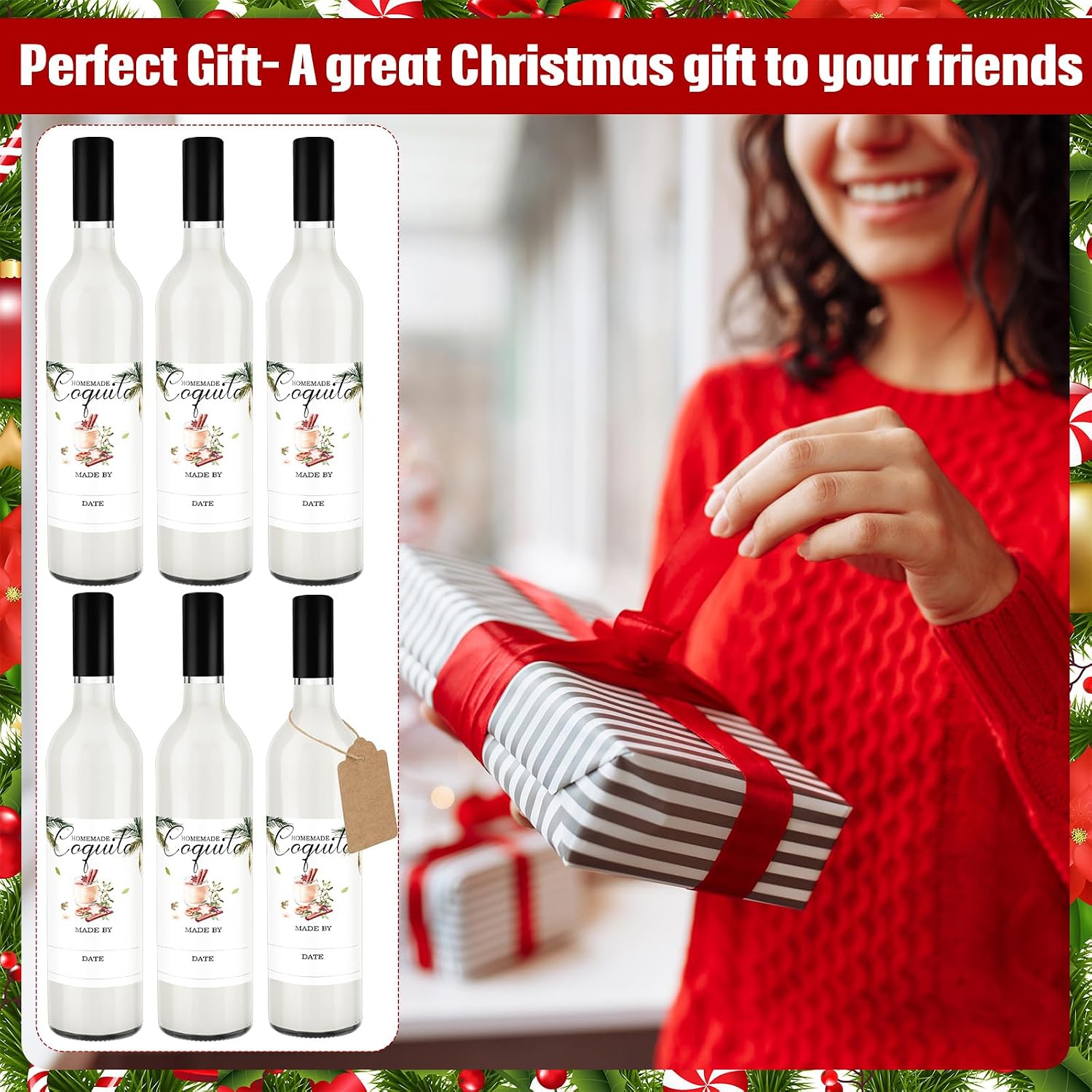 Jingmore 6 Set Christmas Glass Coquito Bottles 25 oz Wine Brewing Bottles for Homemade Coquito with Christmas Stickers Airtight Caps for Home Milk Eggnog