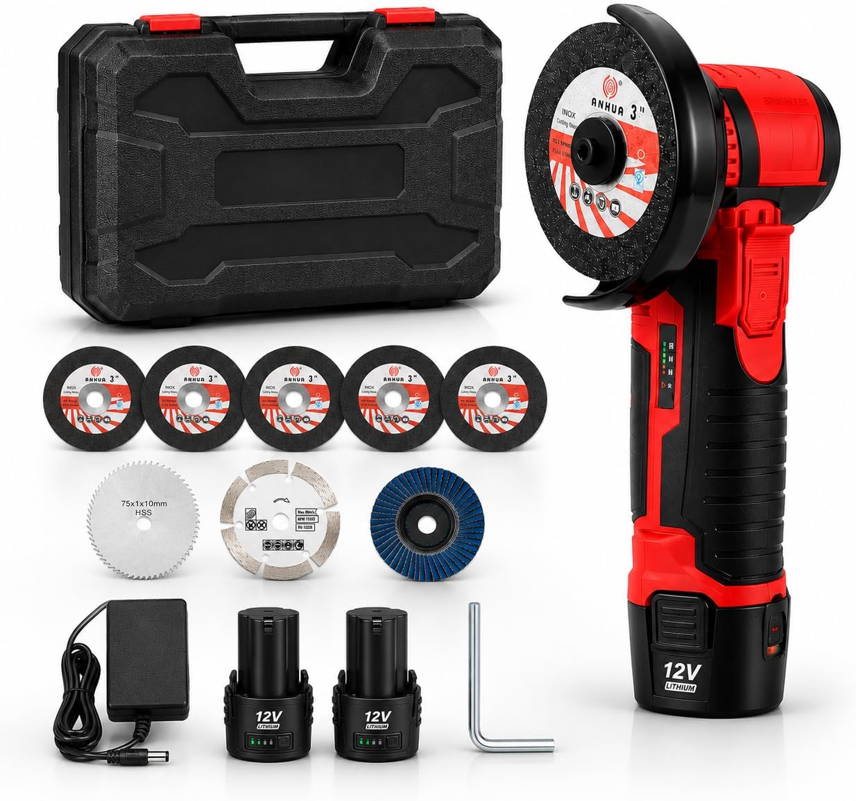 12V Brushless Cordless Mini Angle Grinder, 3-Inch