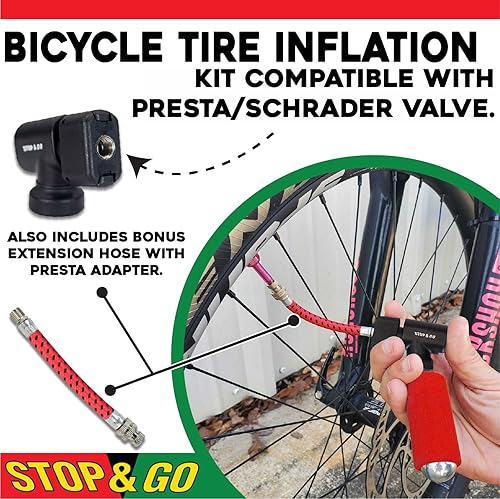 Miniatura 2 de Stop & Go Kit de inflado de neumáticos de motocicleta, bicicleta, cortacésped y cuatrimoto 1090A, válvula Presta y Schrader compatible con bolsa de