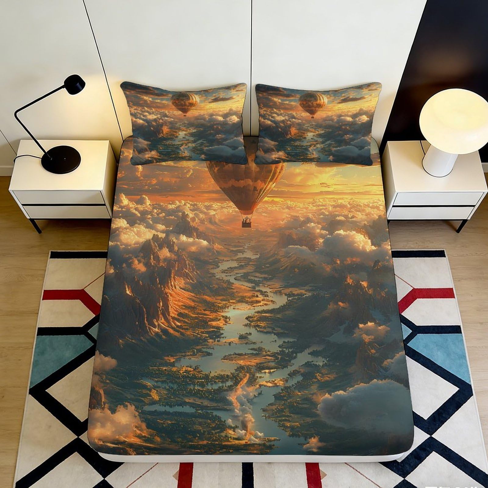 3D Printed Sunset Hot Air Balloon Fitted Sheet Microfiber Scenic Landscape Mattress Cover for Bedroom Dorm Decor 90x200x25cm