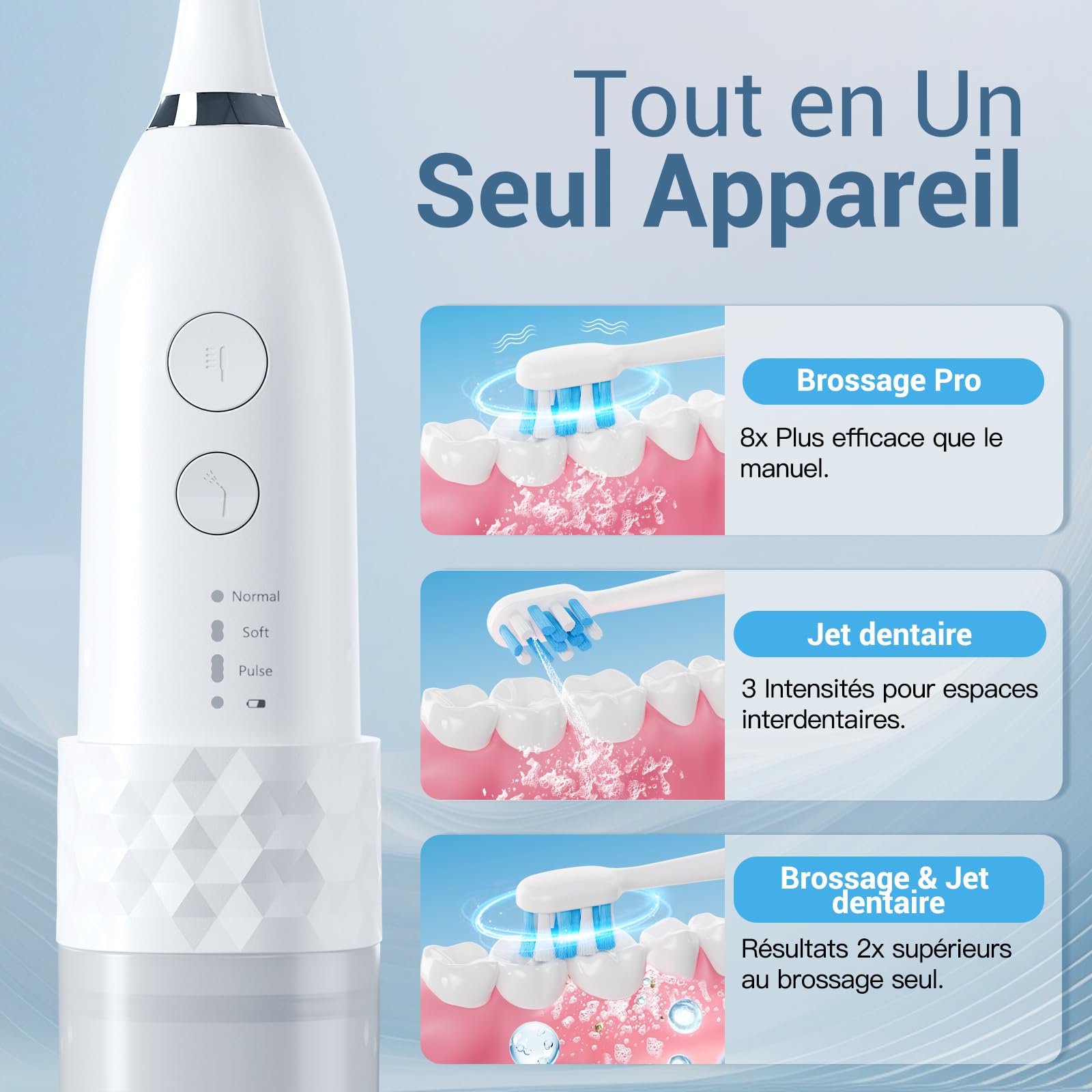 Marchpower Brosse à Dent Electrique Sonique avec Jet Dentaire Portable 2 en 1 - Kit Voyage Hydropulseurs et Irrigateurs pour Adultes - 3+4 Modes de Nettoyage - 4 Têtes de Rechange - IPX7 Etanche