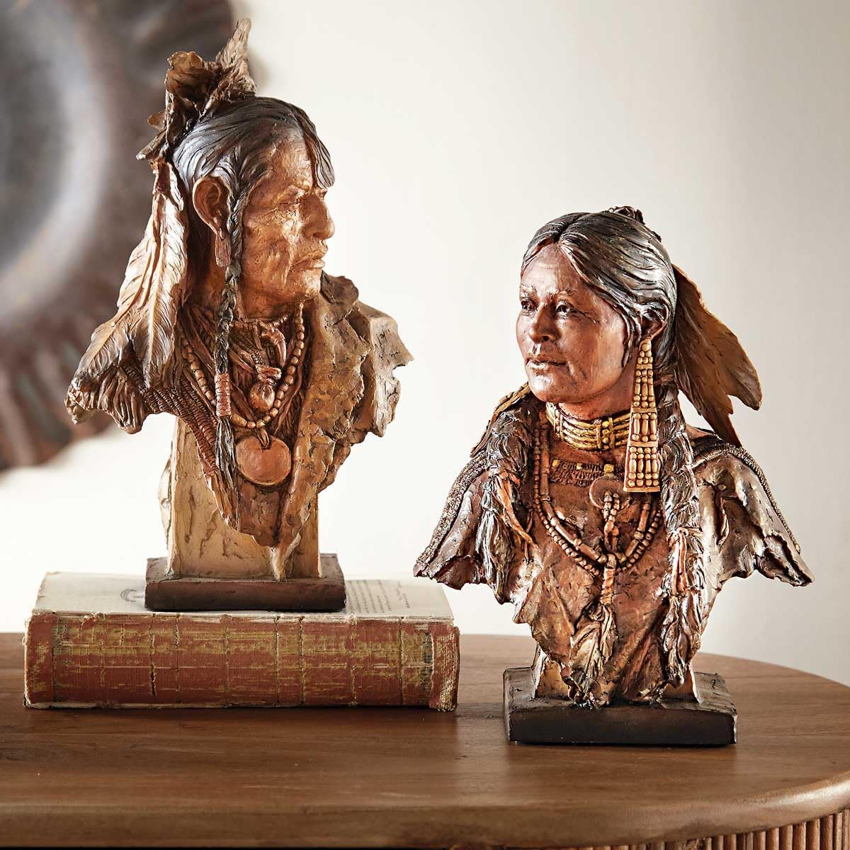 BLACK FOREST DECOR Native American Chief Sculpture – 10.75”H Hand-Painted Cold Cast Resin Statue – Detailed Tribal Decor