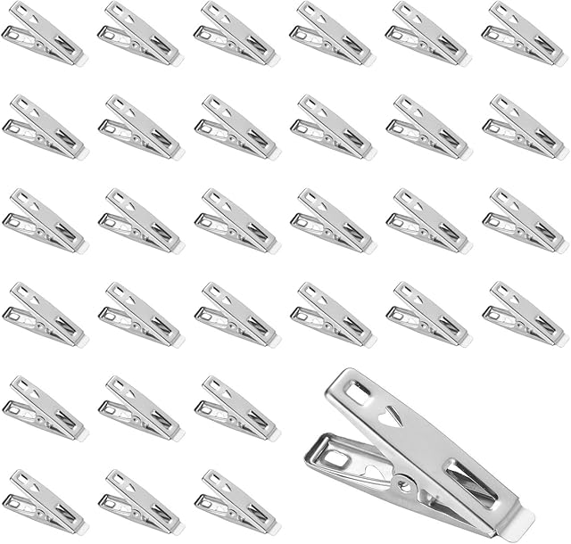 VEGCOO 100 Pcs Stainless Steel Clothes Pegs, Metal Clips Laundry Hanging Clips Multifunctional Clothing Clamps for Clothes Sock Scarf Underwear Food Sealing Photos