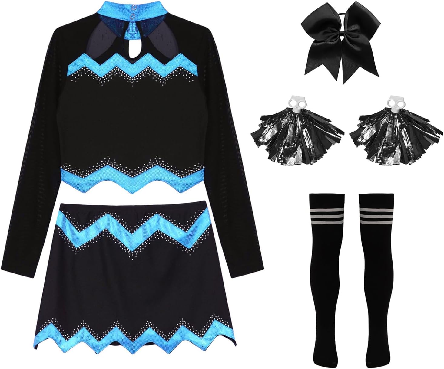 Girls Cheer Leader Outfit 5 Piece Set School Uniform Style Long Sleeve Crop Top with Skirt