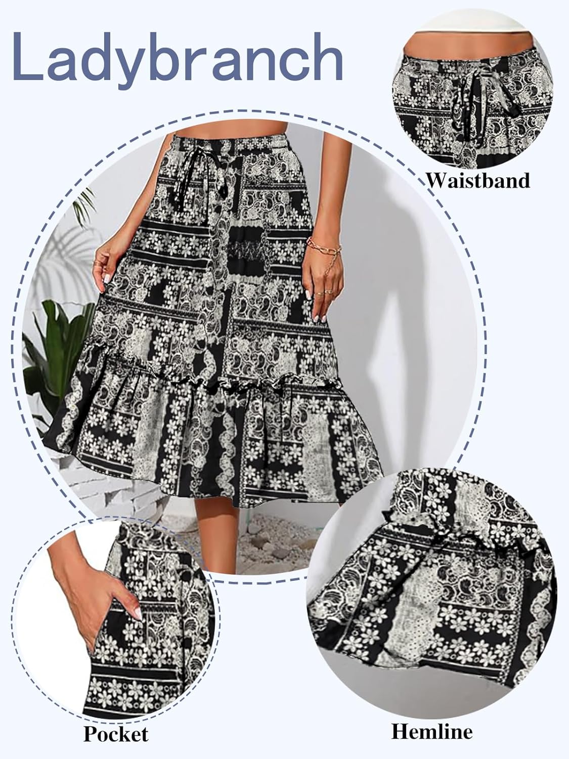 Women's High Elastic Waist Midi Skirt Casual Trendy Floral Print A line Skirts - Image 5