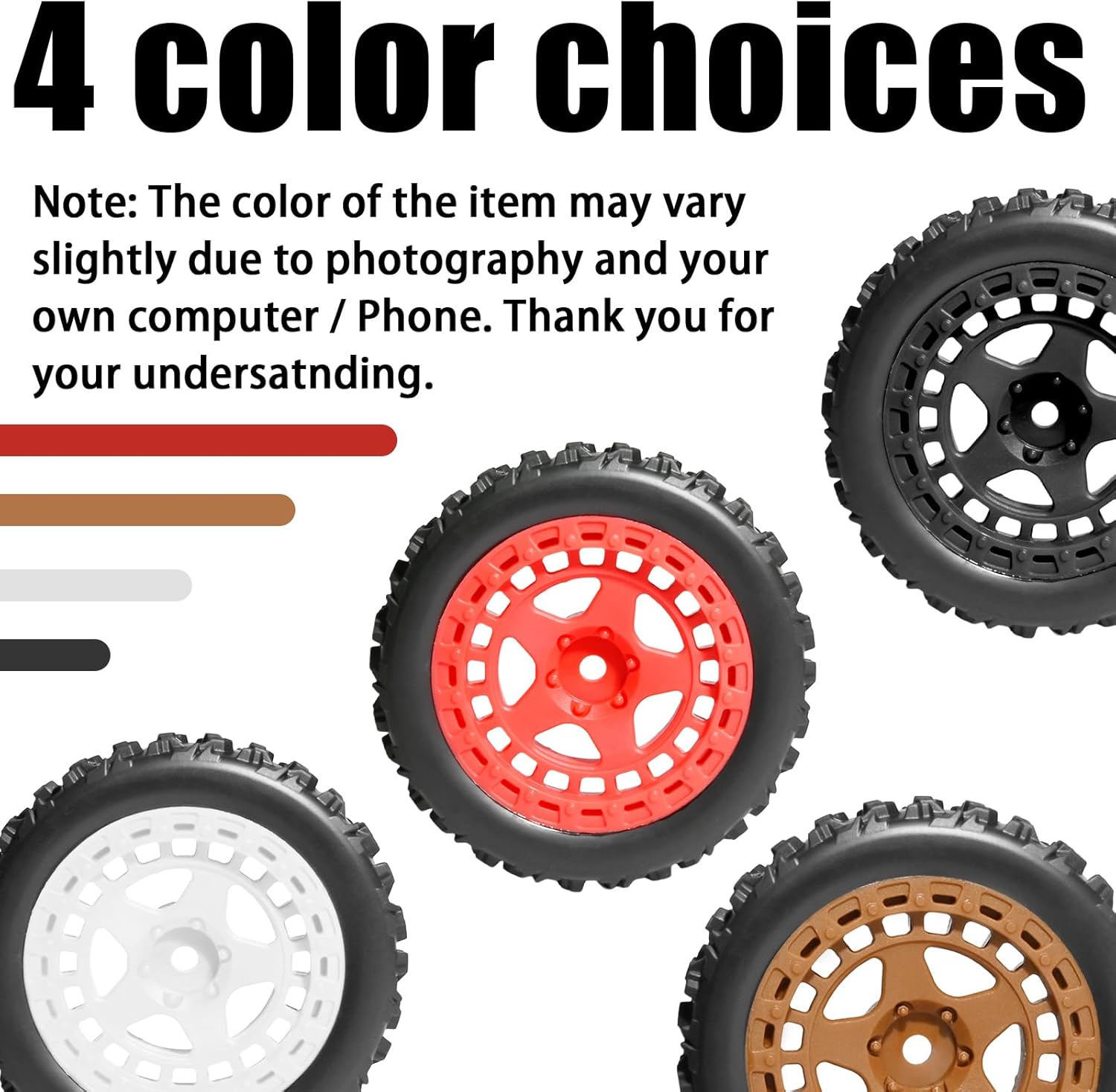 4PCS Pre-Glued RC Crawler Car Rubber Tires and Plastic Wheels Set, RC Tires and Rims with 12mm Hex Fits for ARRMA 1/14 1/16 1/18 Granite/Typhon Grom RC On/Off Road Crawler Truck Buggy (Red)