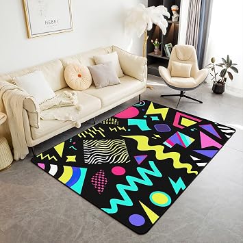 Memphis Area Rug 5x7 Hipster Retro Rug 80s 90s Hip Hop Funky Carpet for Bedside Colorful Pop Art Inspired Watercolor Eighties Memphis Geometrical 80s Non Shedding Decorative Rug