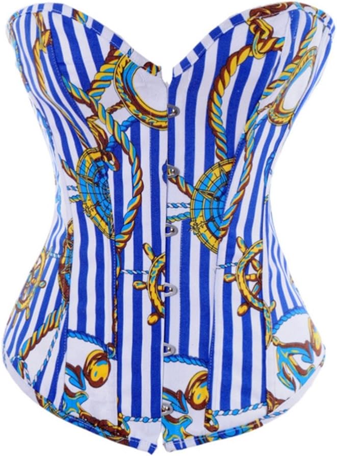 Women's Blue Peony Printing Overbust Lace Up Back Corset Top