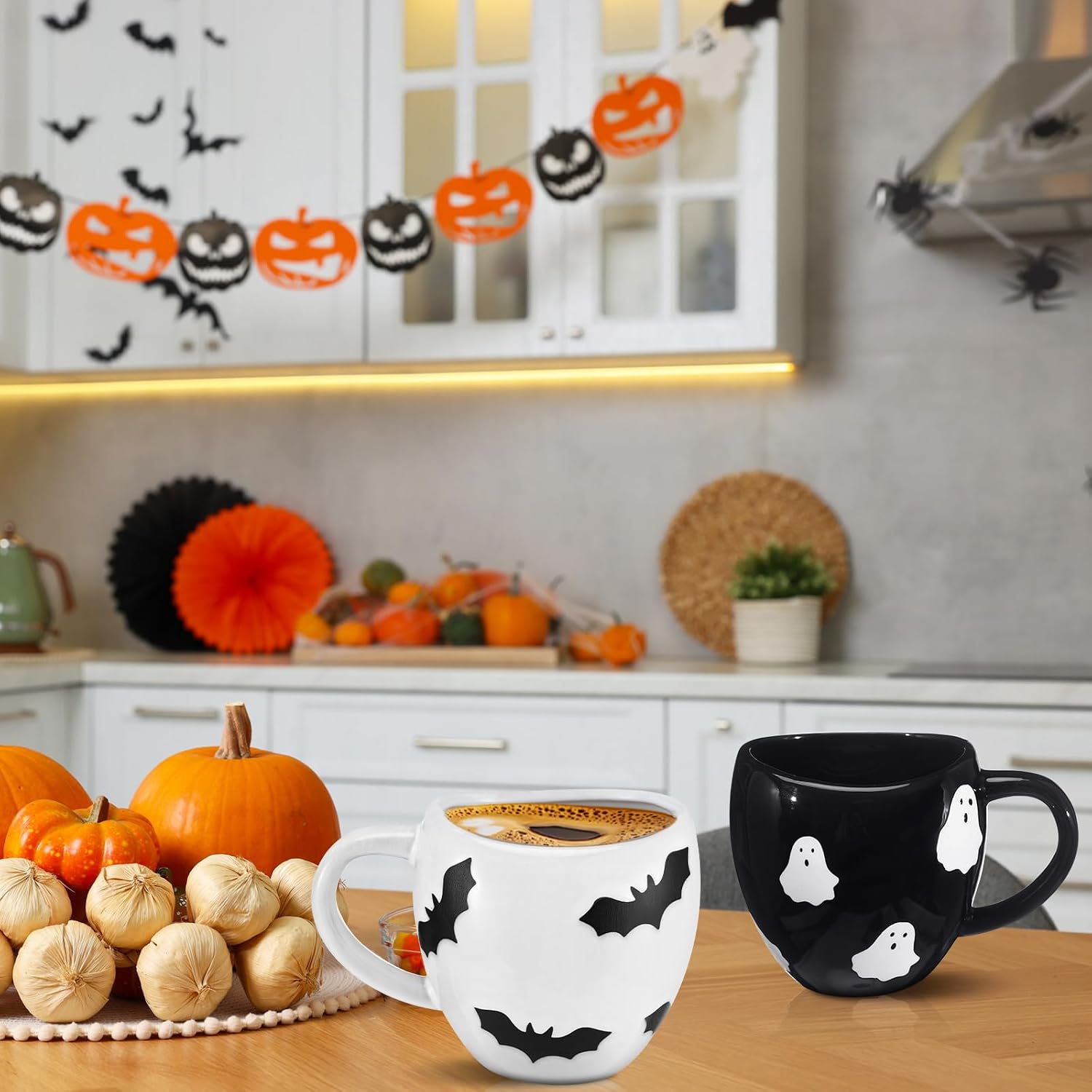 Didaey 2 Pack Ghost Bat Coffee Mugs 14 oz Ceramic Black White Halloween Cup