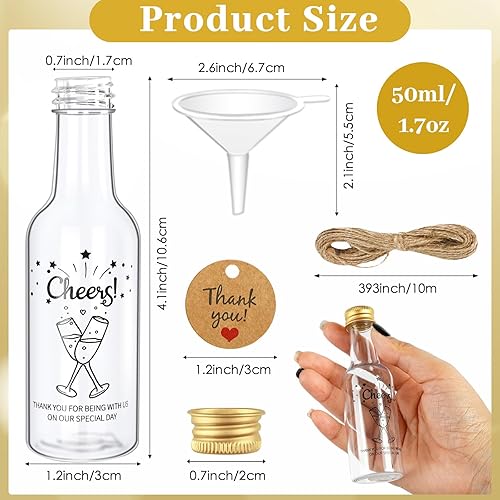 Miniatura 2 de OurWarm Paquete de 50 mini botellas de licor, botellas de vino de 1.7 onzas líquidas con tapas de rosca doradas, embudos y cuerdas, botellas vacías
