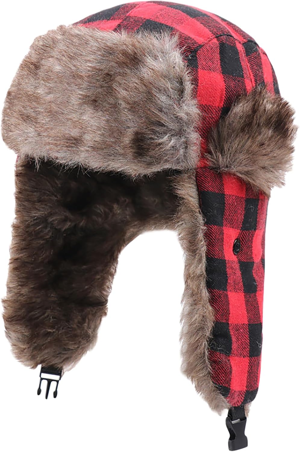 Bomber Hat Unisex Plaid Trapper Hat Faux Fur Earflap Russian Ushanka Hat Winter Outdoor Ski Snow Warm Thick Lined