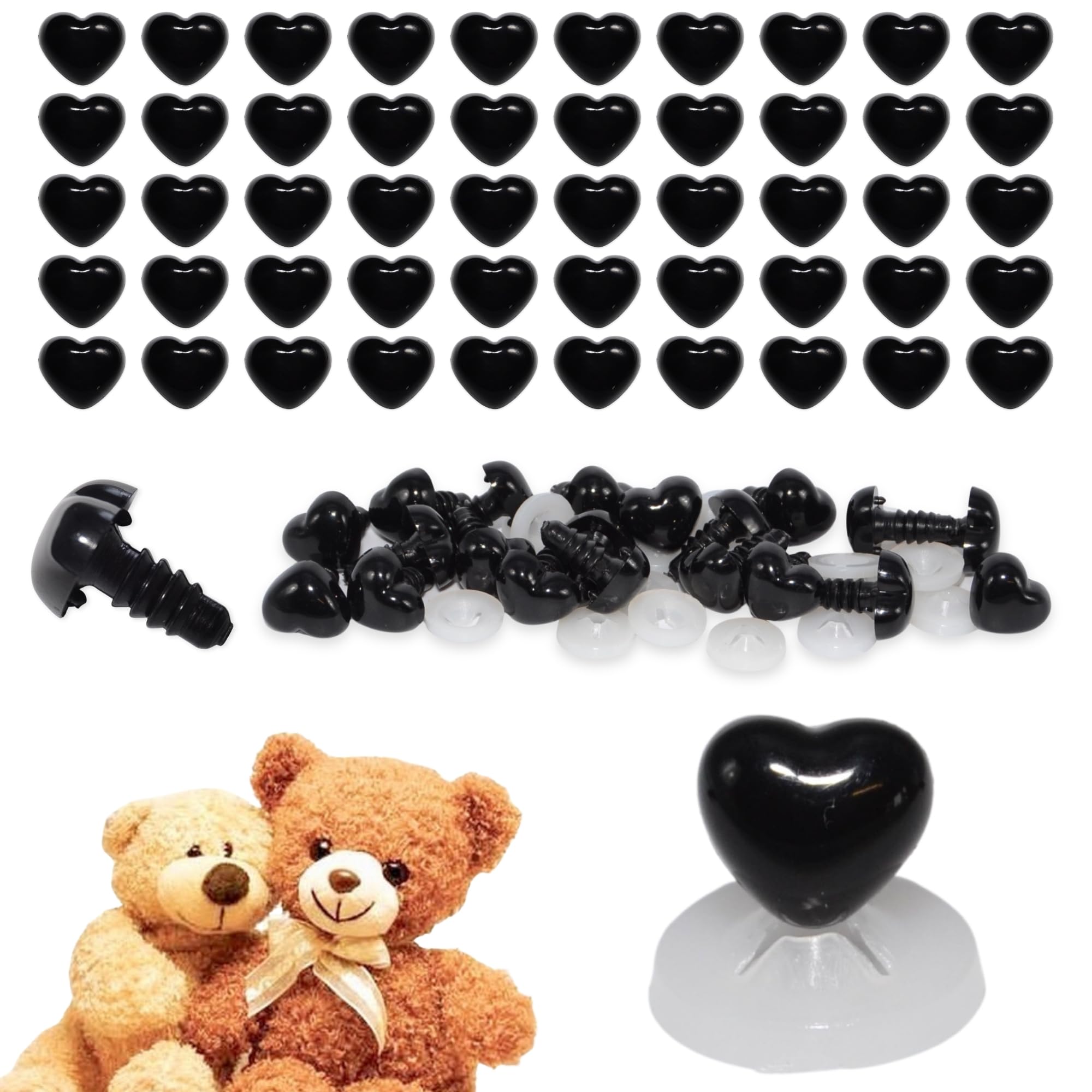 celloexpress 9mm x 8mm Black Heart Noses with Plastic Backs - Safety Noses for Soft Toy Teddy Bear Animal Making (Pack of 50)