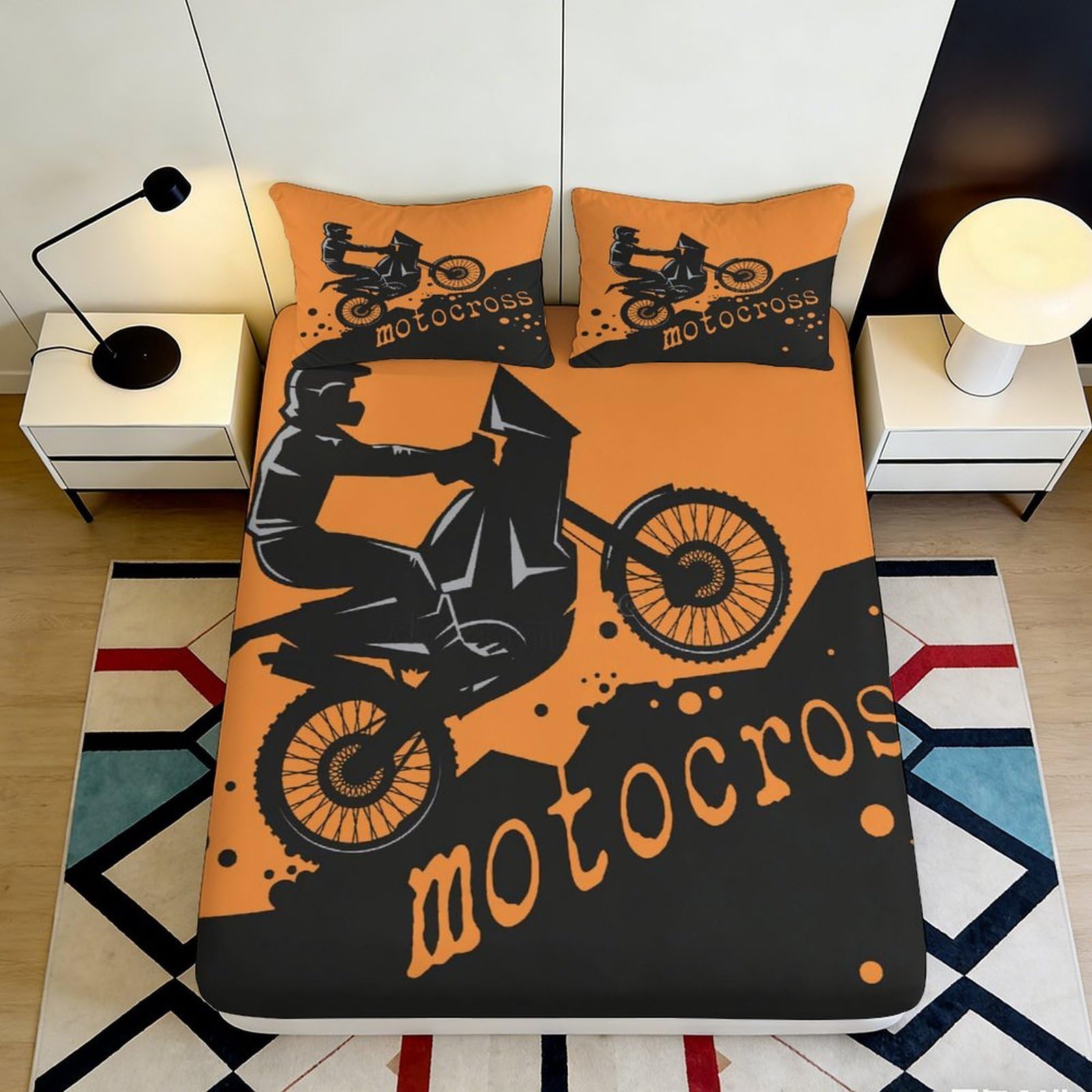 3D Printed Motocross Orange Fitted Sheet Microfiber Soft Anti-Slip Dirt Bike Bed Cover for Bedroom Guest Room 90x200x25cm