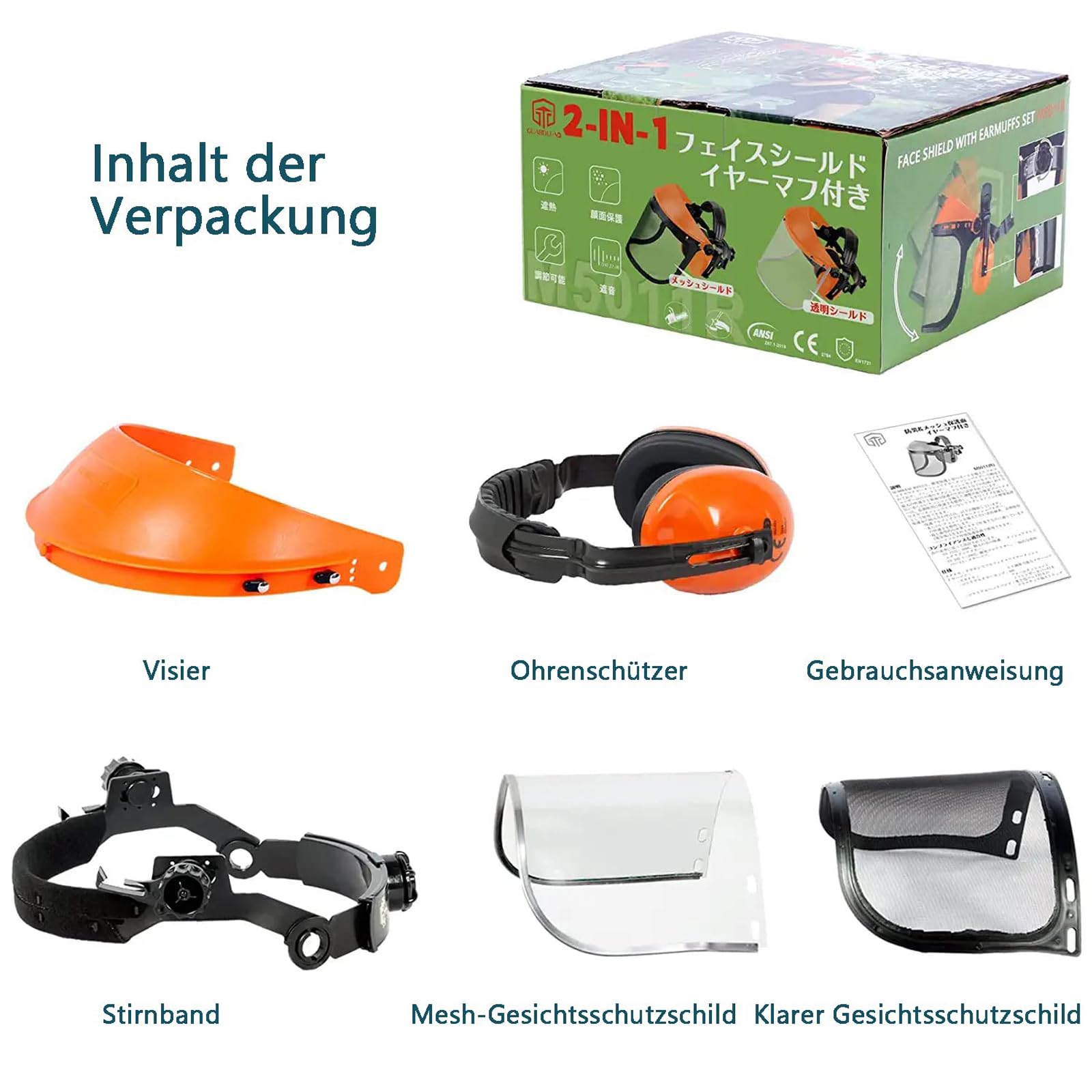 Kettensäge Visier Gesichtsschutz, Gesichtsschutzschild und Ohrenschützer 2 in 1 Kopfbedeckung Kombination, Flip Up Schutzschild Kommt mit 2 gesichtsschutzschild (Mesh& Clear)
