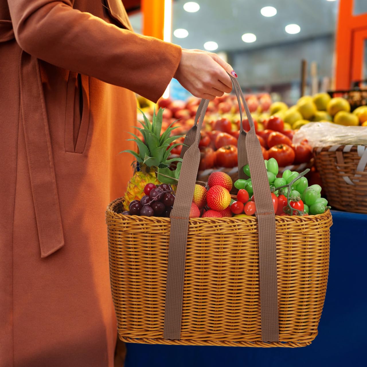 Cabilock Kosz na zakupy, rattanowy, wiklinowy, z uchwytem, pleciony, rattanowy, kosz do przechowywania, wiklinowy, do noszenia, na warzywa, prysznicowy, kuchni, owoców,