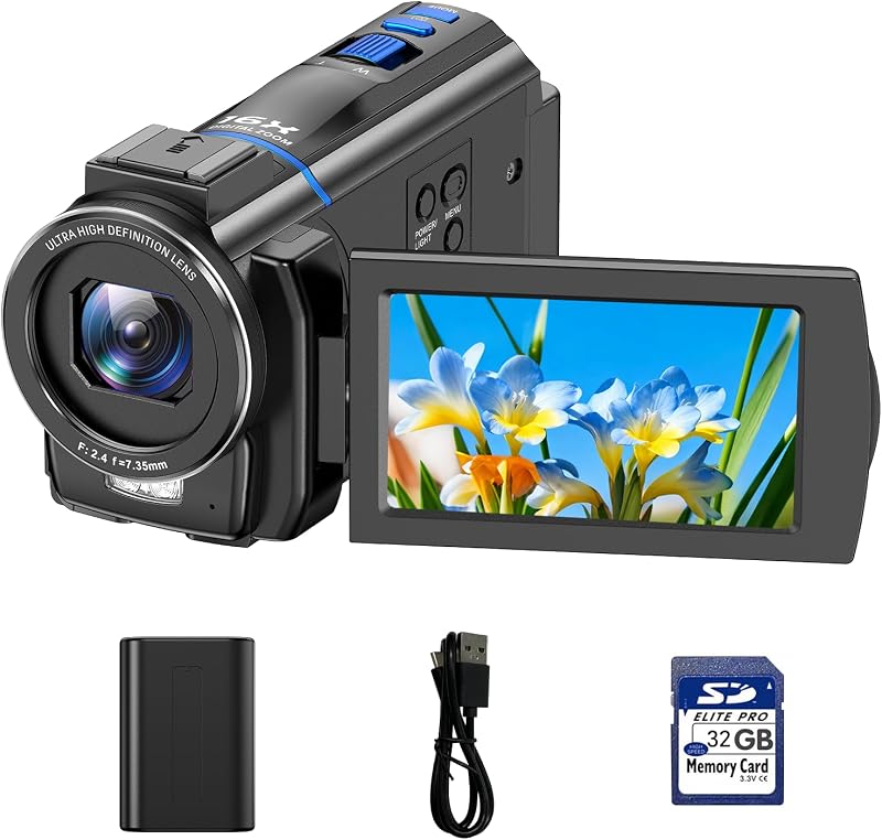 5K Video Camera Camcorder 48MP, IR Night Vision Cam Corder, 3.0" 270° Rotation Touch Screen, 16X Digital Zoom Vlogging Camera for YouTube， Video Camcorder with Battery, 32GB SD Card & Remote Control