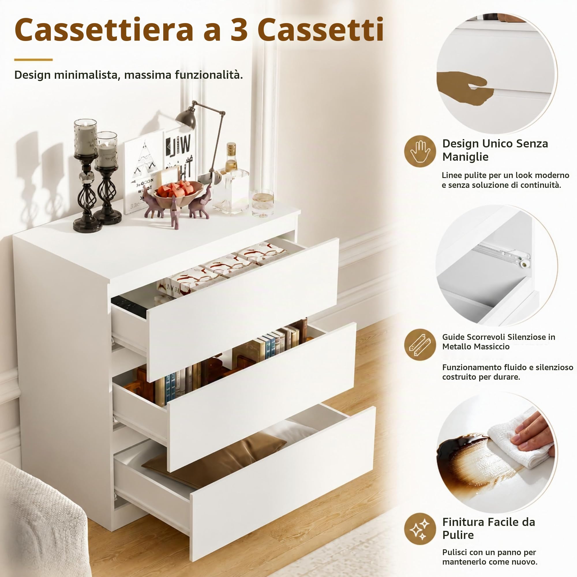 Comò con 3 cassetti, credenza, tavolino, comodino, moderno, stretto, in legno MDF bianco, per camera da letto, soggiorno, cameretta dei bambini, corridoio, bagno e ufficio, 70 x 40 x 75 cm