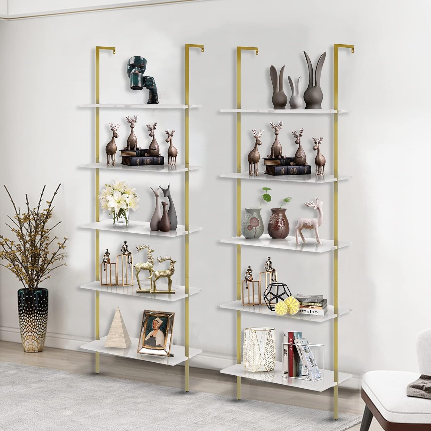 aboxoo ladder shelf 2pcs white marble bookshelf 5-tier wall-mounted wood rack open industrial modern plant flower stand utility organizer bookcase metal frame furniture office kitchen bedroom white marble 2pcs