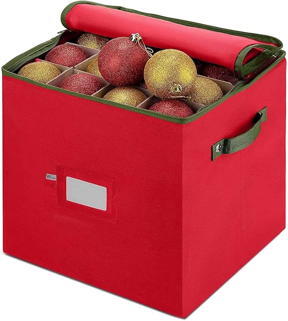 Christmas Bauble Storage Box With Dividers, 4 Layers 64-Compartment Christmas Decoration Storage Box with Removable Lid for Delicate Christmas Decorations Baubles Xmas Ornament Storage Container Red