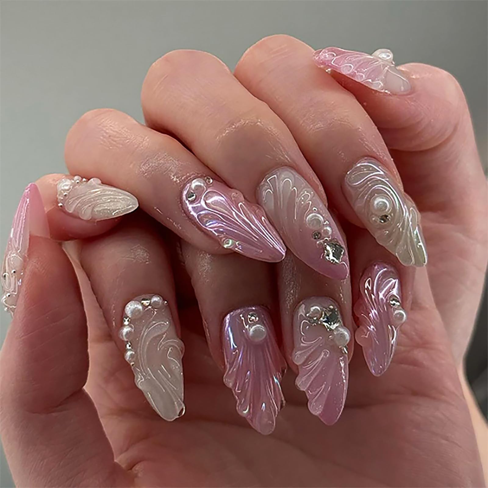 KKUUOO Pink Almond Shape Press on Nails, 24pcs ABS Acrylic False Nails with 3D Shell Designs, Rhinestone & Pearl Design, Full Cover Nail, French Style