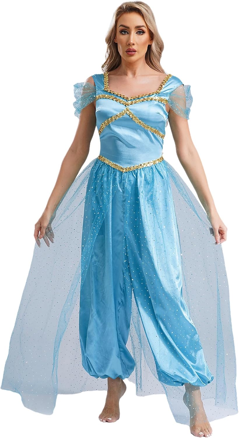 Arabian Princess Costume for Womens Halloween Party Fancy Dress Up Belly Dance Jumpsuit Outfit