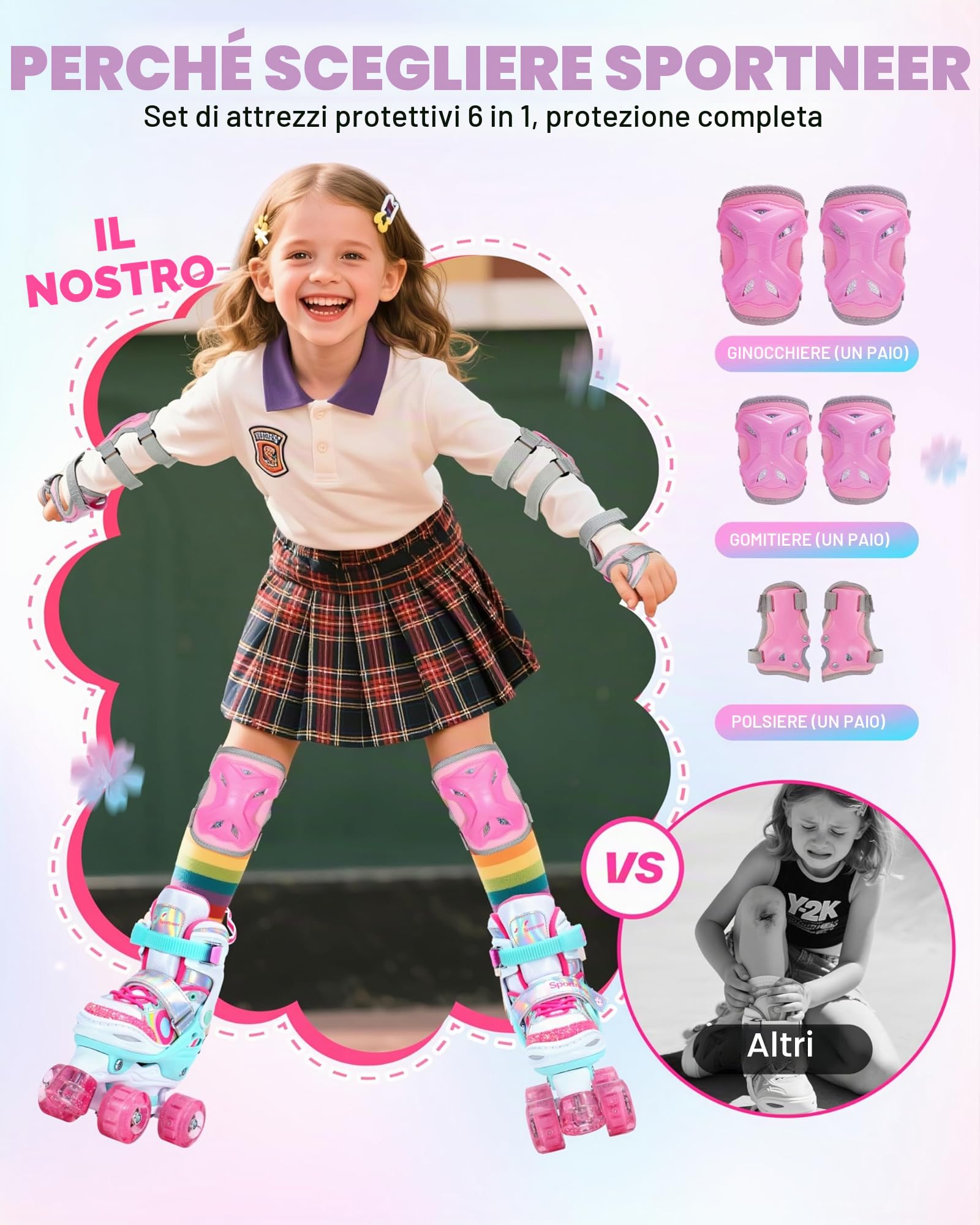 Pattini a rotelle per bambine regolabili 4 misure con 8 ruote LED illuminate