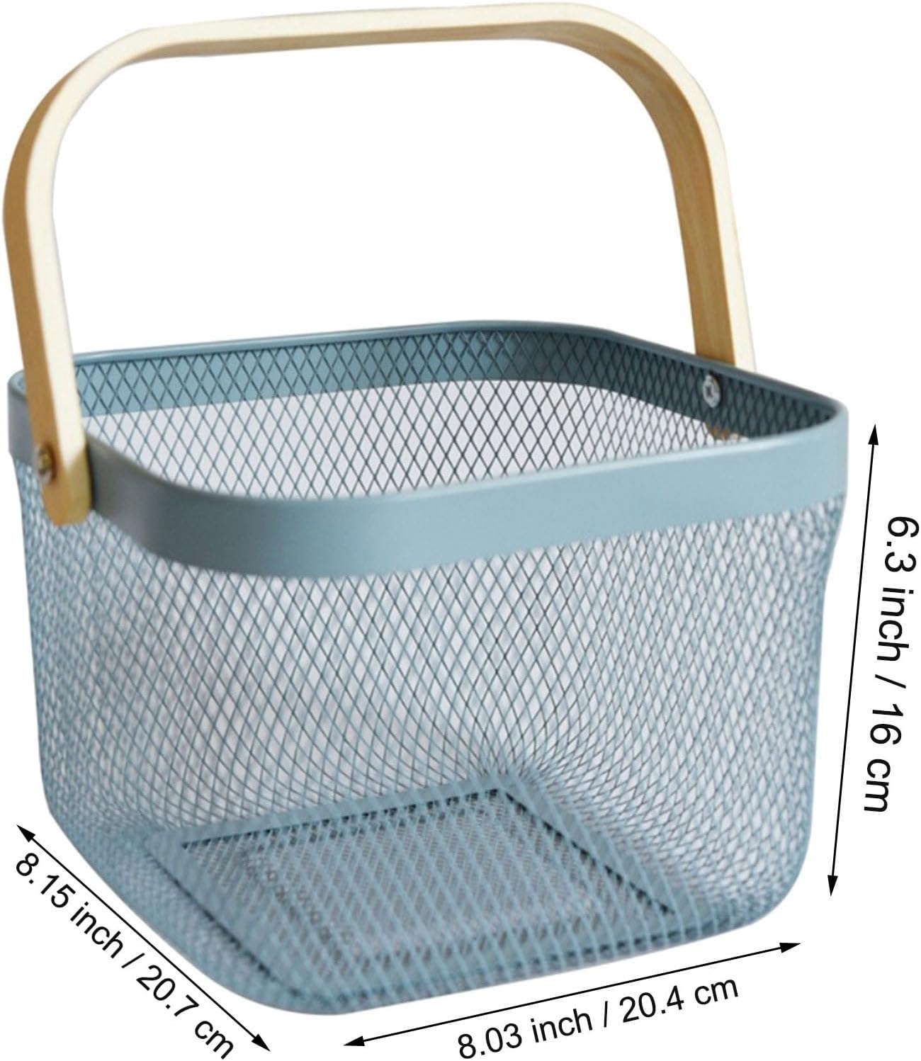 AJIODA Metal Mesh Wire Basket, Small Steel Basket with Wooden Handle Storage Organizer Basket Multi-functional Hanging Kitchen Baskets Fruit Baskets for Kitchen Bathroom Cabinet Pantry Snacks, Blue image 2