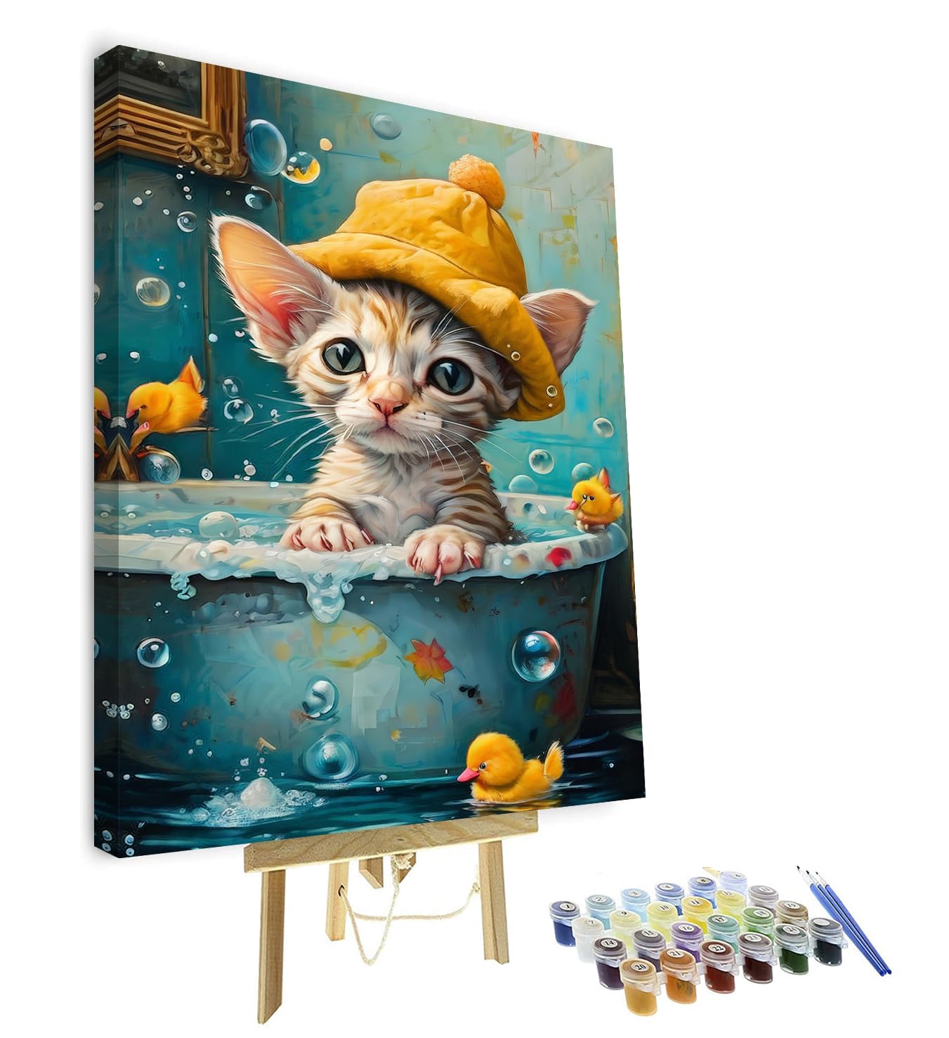 TISHIRON DIY Paint by Numbers Kit for Adults, Cat Bathtub Paint by Numbers Kit Cute Cat and The Yellow Duck Adult Paint by Number Kits Canvas Arts Crafts for Home Decor 16 x 20 inch with Frame