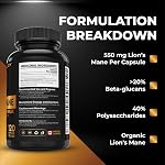 Nutratology® Organic Lion's Mane Mushroom Capsules - Nootropic Functional Mushroom Supplements Made With 40% Polysaccharides & >20% Beta-Glucan | Supports Memory, Cognition & Brain Health - 120 Count
