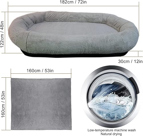 Miniatura 6 de Cama humana para perros con manta, 72 x 48 x 12 camas grandes de tamaño humano, camas gigantes para que las personas duerman (gris)