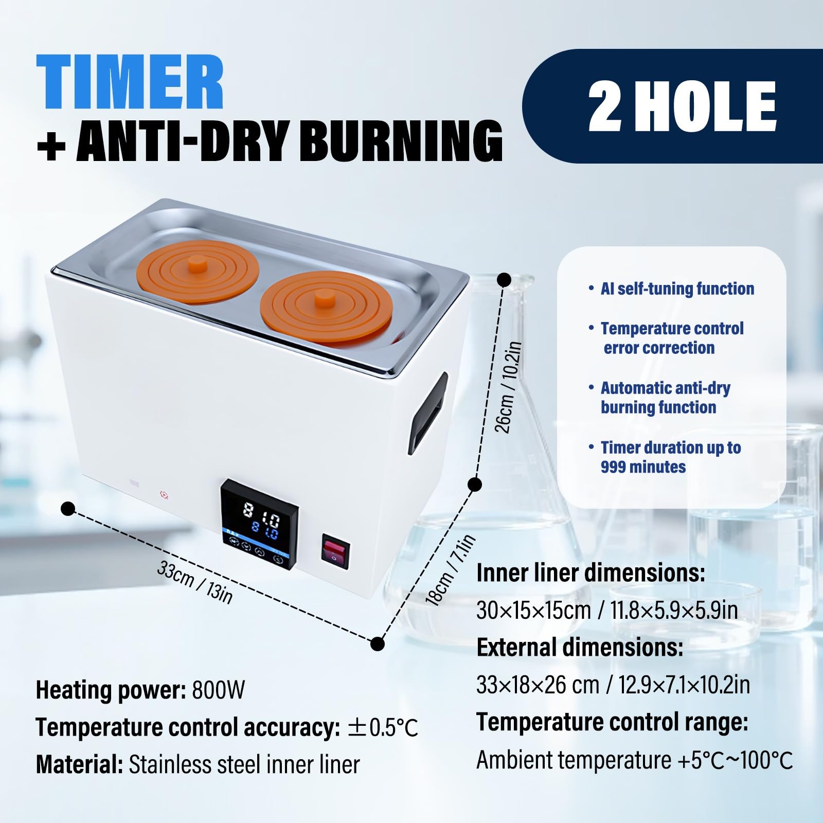 Baño Termostático Digital Para Laboratorio, Regulador Pid, Protección Contra Falta De Agua, Acero Inoxidable Y Calentamiento Uniforme De Alta Eficiencia(2 Hole)