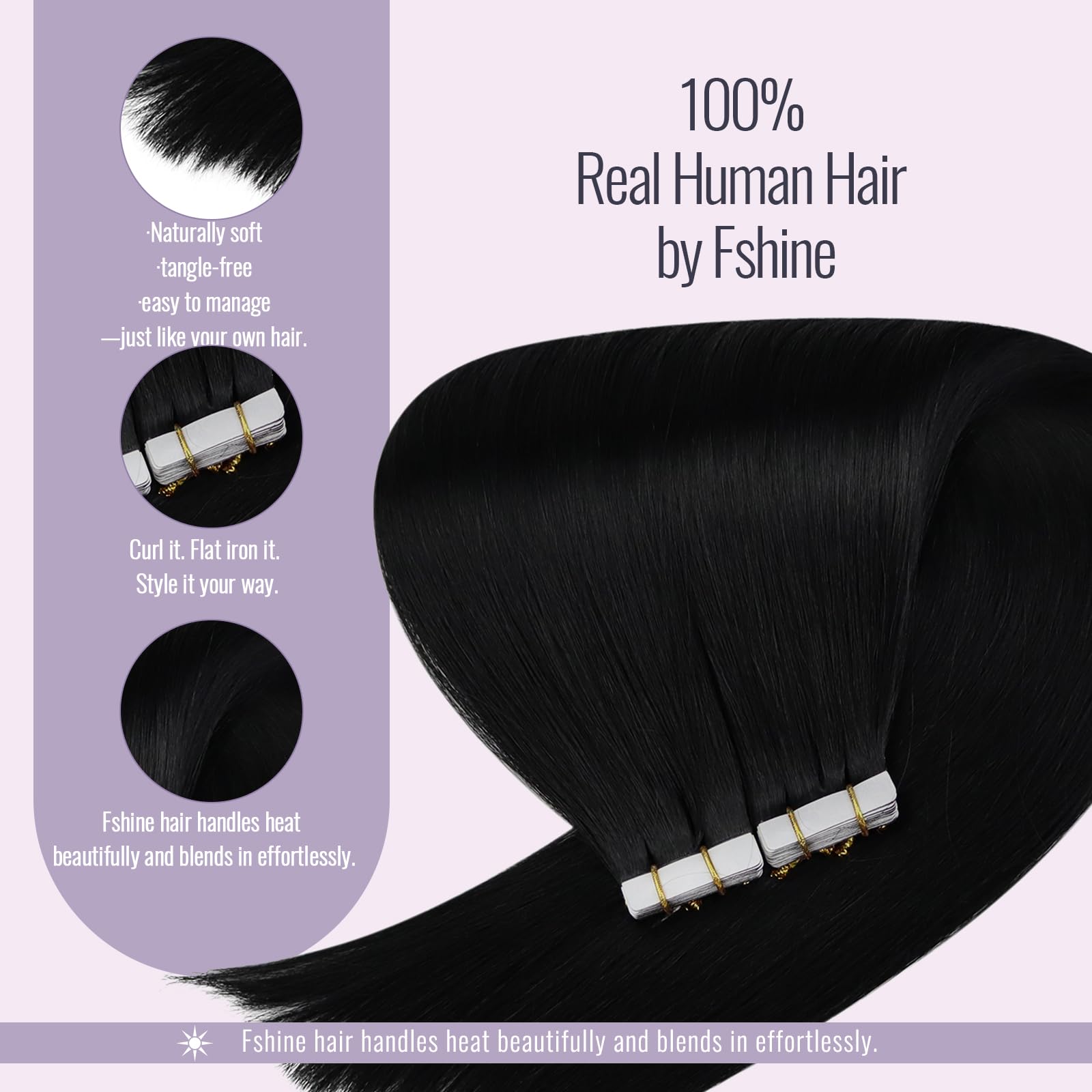 Fshine Extension Capelli 55 cm 50 g Nero Corvino Extension Biadesive Capelli Veri Tape Umani 20 pcs Extensions Veri Biadesivo Lisci Human Hair Matrimonio Colore 1