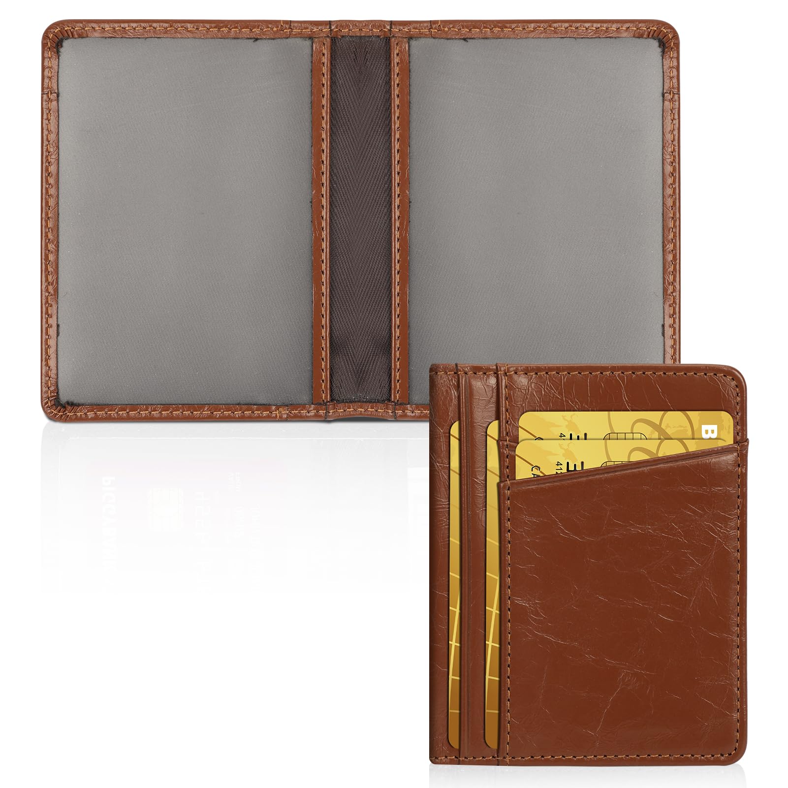 Unaone Slim Minimalist Wallet - Premium Leather Card Holder RFID Blocking Card Case with 8 Card Slots and 2 ID Window, Crackle Brown