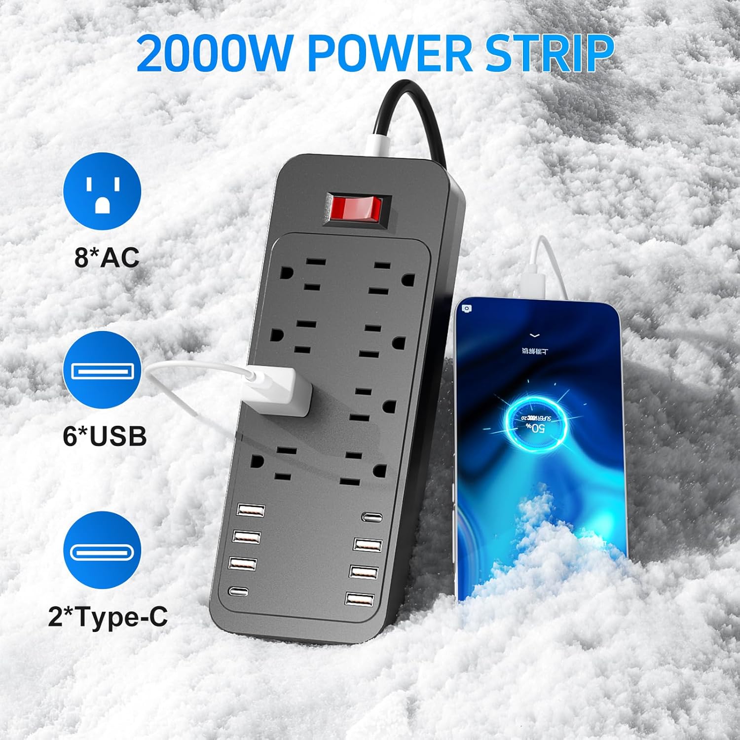 FXZ Power Strip Surge Protector Power Strip with 8 Widely Outlets and 3USB-A&1USB-C Port, 1700W/10A,Overload Protection,Wall Mountable for Indoor, Home, Office or Garage (White, 6FT)