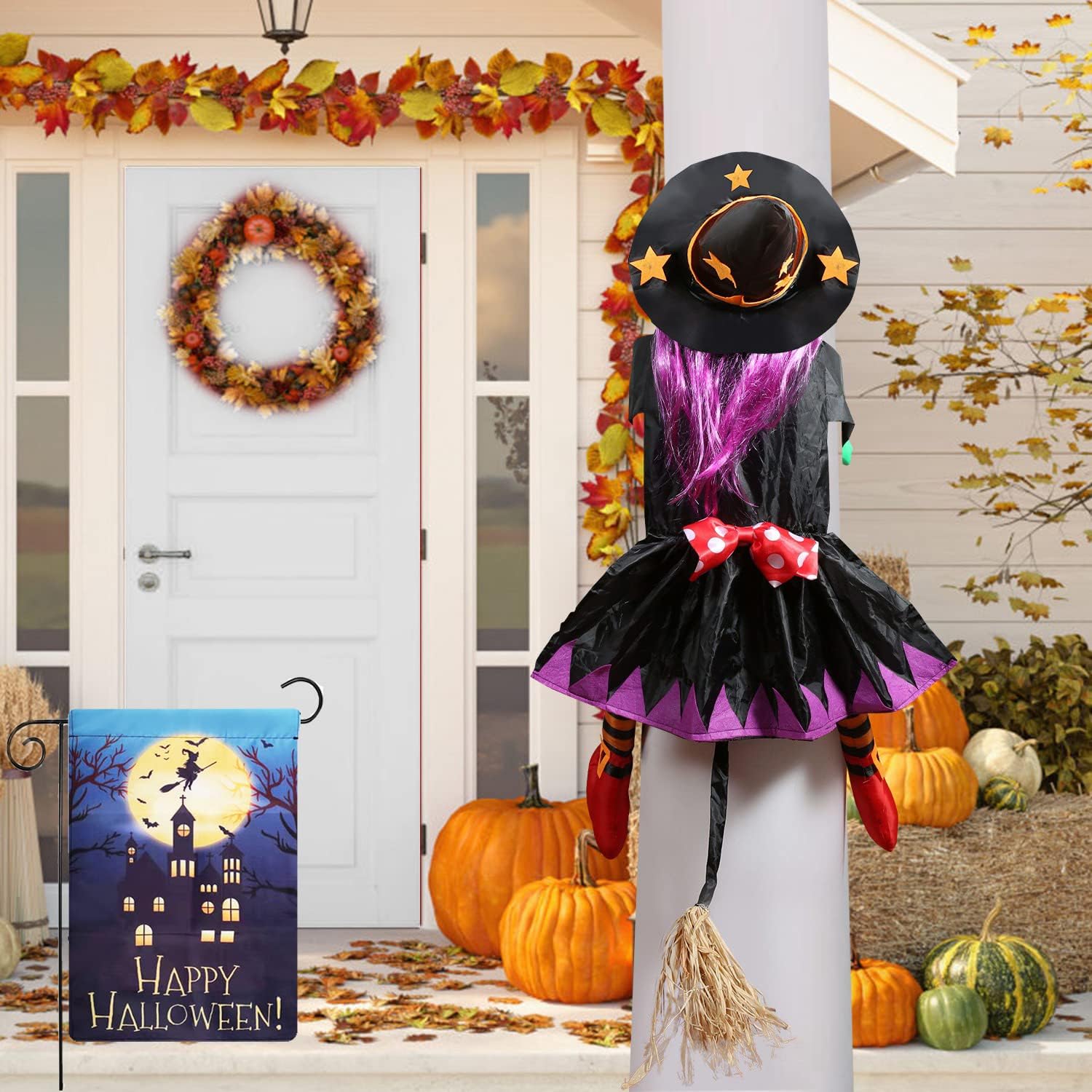 Crashing Witch Into Tree, Witch Decor, Betty Bash Witch Halloween Decorations, Flying Crashed Witch with Witch Hats, Halloween Garden Flag for Outdoor, Tree, Pillars, Yard